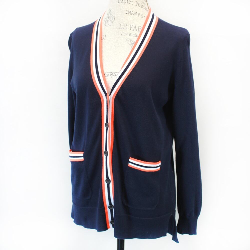 J.Crew Navy Striped Button Cardigan Preppy Pocket Casual V-Neck Cotton Blend S